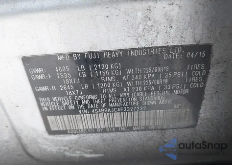 2015 Subaru Outback 2.5I Limited from USA, damaged, VIN 4S4BSAJC4F3327232